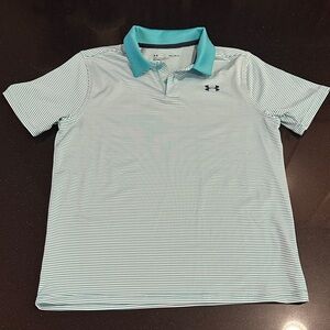 Under Armour Boy’s Polo Shirt - Teal and White Stripes (Size: Large)